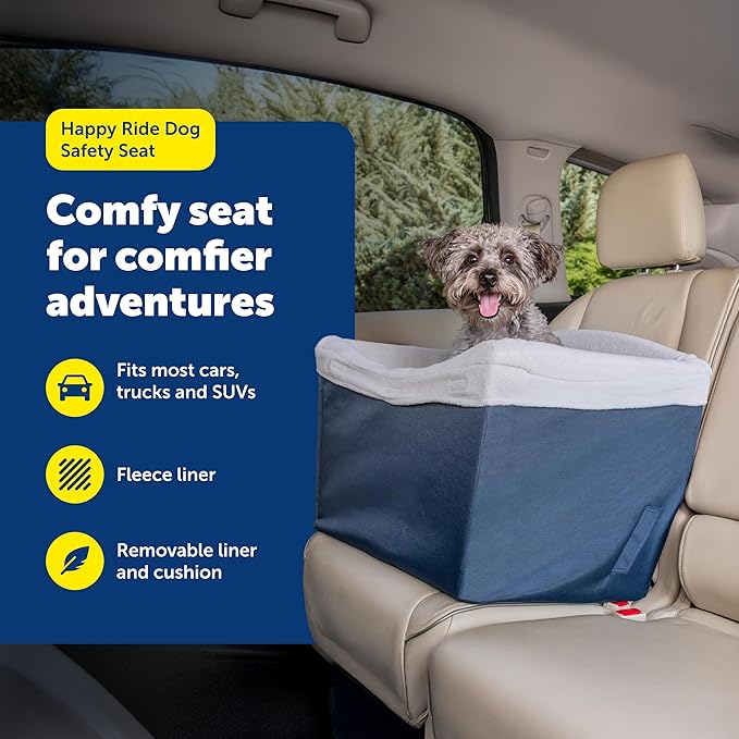 PetSafe Happy Ride Dog Safety Seat - Protects Car Seats from Hair & Scratches - Elevated Design for Better View - Machine Washable Fleece Liner - for Dogs Up to 30 lb - Navy