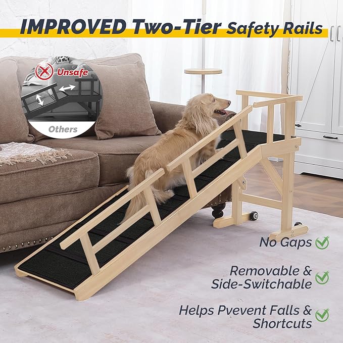 Dog Ramp for Bed or Couch, Wooden Pet Ramp with 20° Gentle Slope, Removable Side Rails, Non-Slip Surface, Top Platform & Wheels, Safe Bed Ramp for Small, Medium & Senior Dogs, 60" Long, Natural