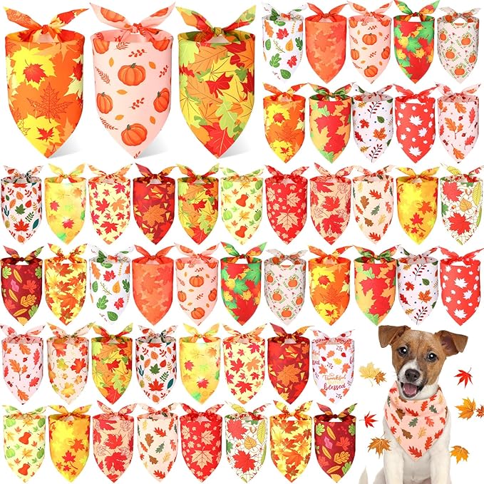 Preboun 50 Pcs Fall Thanksgiving Dog Bandana Bulk Pumpkin Maple Leaves Bandana for Dogs Triangle Kerchief Bib Scarf for Pets Costume Photo Props Accessories Pet Shops, 25 Styles (19.7 x 13.8 x 13.8)