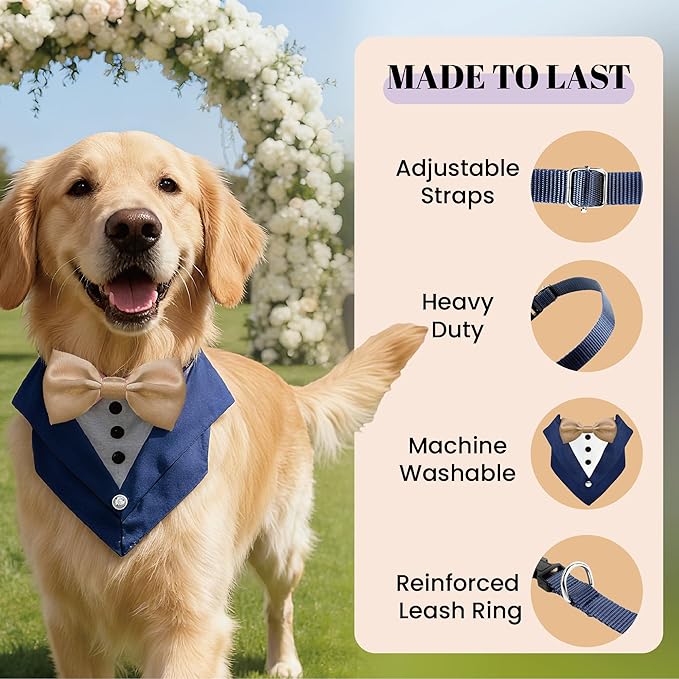 AVERYDAY Dog Tuxedo Wedding Outfit Bandana Collar with Bow Tie, Dog Tux Costume Suit with Bowtie for Small Medium Large Dogs & Cats, Pet Tuxedo Formal Wear for Engagement Birthday, Holiday, Christmas