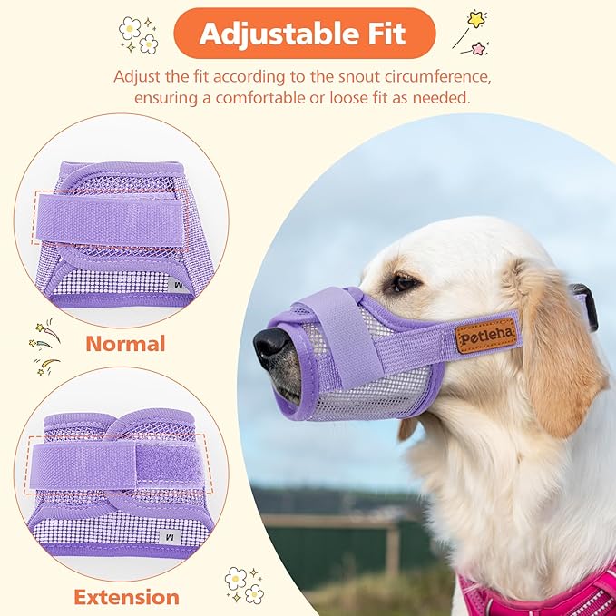 Coppthinktu Soft Dog Muzzle, Breathable Mesh Muzzle for Small Medium Large Sized Dog Mouth Cover, Adjustable Muzzles to Prevent Biting Barking Dogs Mouth Cover Allows Drinking (Purple M)