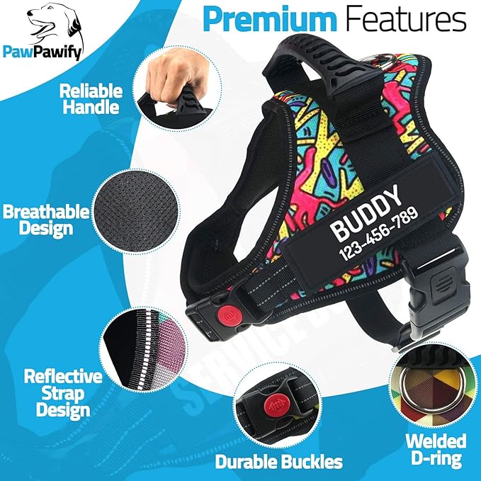 Personalized No Pull Dog Harness with Custom Name and Phone Number by PawPawify, Heavy Duty Pet Vest to Prevent Tugging, Pulling, or Choking, Training and Walking Color Doodle