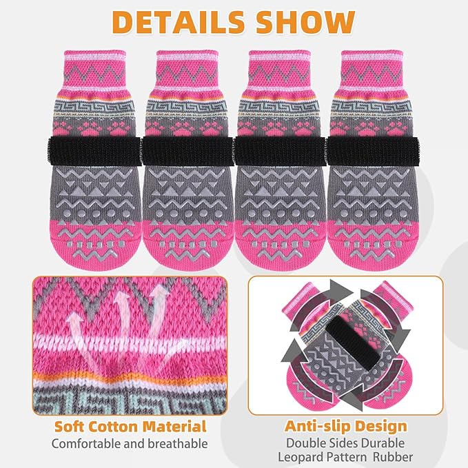 KOOLTAIL Dog Socks to Prevent Licking Paws for Hardwood Floors Anti Slip, Winter Warm Pet Boots&Paw Protector with Grippers, Double Sides Puppy Shoes Booties for Small Medium Large Senior Dogs