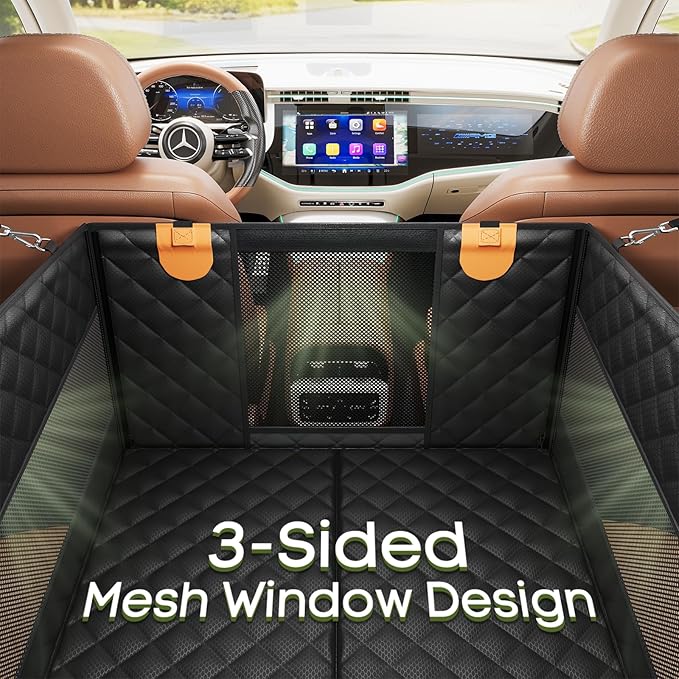 Dog Car Seat for Large Medium Dogs, Back Seat Extender for Pets with 4-Splice Hard Bottom, Waterproof Pet Seat Cover with 3 Mesh Windows for Cars, Trucks and SUVs