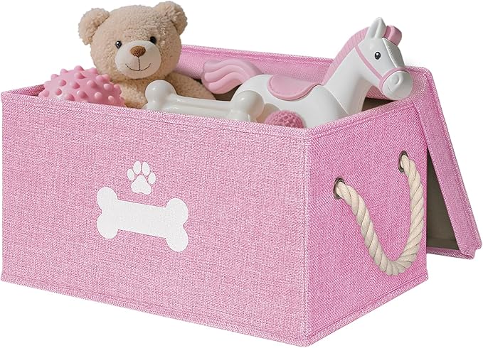 Dog Toy Basket with Lid, Dog Basket for Toys, Dogs Toy Box with Cotton Rope Handles, Collapsible Storage Bins for Pet Toys, Dogs Storage Organizer, Pink
