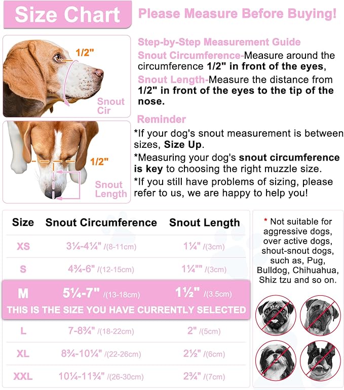 LUCKYPAW Dog Muzzle, Mesh Muzzle for Small Medium Dogs, Soft Mouth Cover to Prevent Biting Chewing, Drinkable Breathable Adjustable Puppy Mouth Guard(M(Snout: 5¼"-7"), Pink)