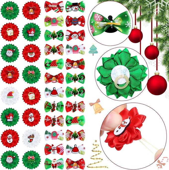 Weewooday 70 Pcs Dogs Hair Holiday Dog Bows Bowtie with Rubber Band Pet Hair Accessories Puppy Bowknot Topknot Pet Grooming Bow for Holiday Christmas Small Puppy Decor(Multiple Style)