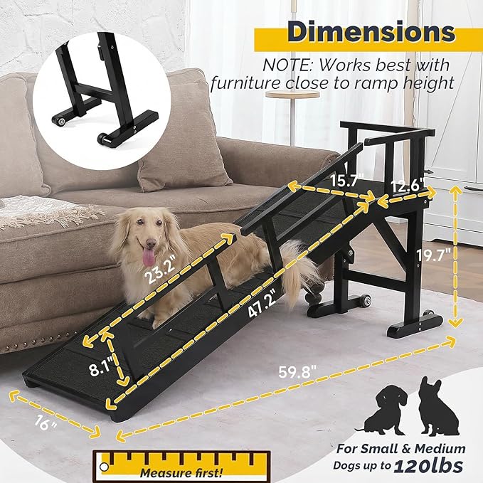 Dog Ramp for Bed or Couch, Wooden Pet Ramp with 20° Gentle Slope, Removable Side Rails, Non-Slip Surface, Top Platform & Wheels, Safe Bed Ramp for Small, Medium & Senior Dogs, 60" Long, Black
