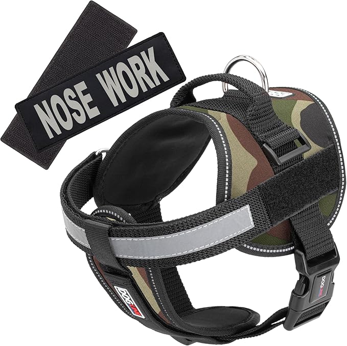 Dogline Unimax Dog Harness Vest with Nose Work Patches Adjustable Straps Breathable Neoprene for Identification Training Dogs Girth 15 to 19 in Green Camo
