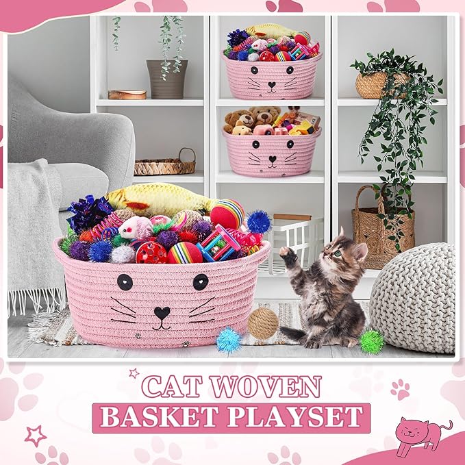 Zopeal 58 Pcs Cat Storage Basket Gift Toys Set, Colorful Flashing Balls Pet Bell Crinkle Balls Spring Toys Attract Cat to Swat, Hunt, Interactive for Pet(Pink,9.8 Inch)