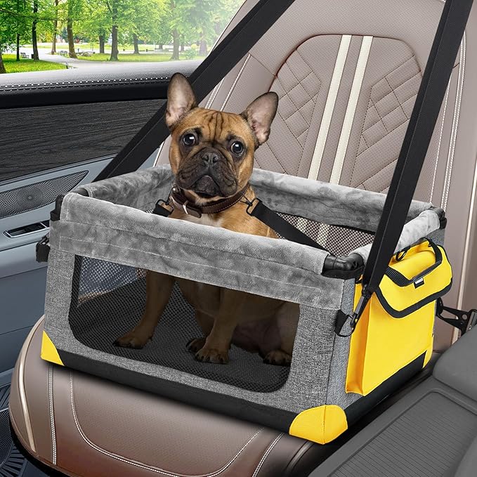 Dog Car Seat for Small Pets Up to 20 lbs, with Storage Pocket and Dual Clip-On Safety Leash, Foldable and Washable Design