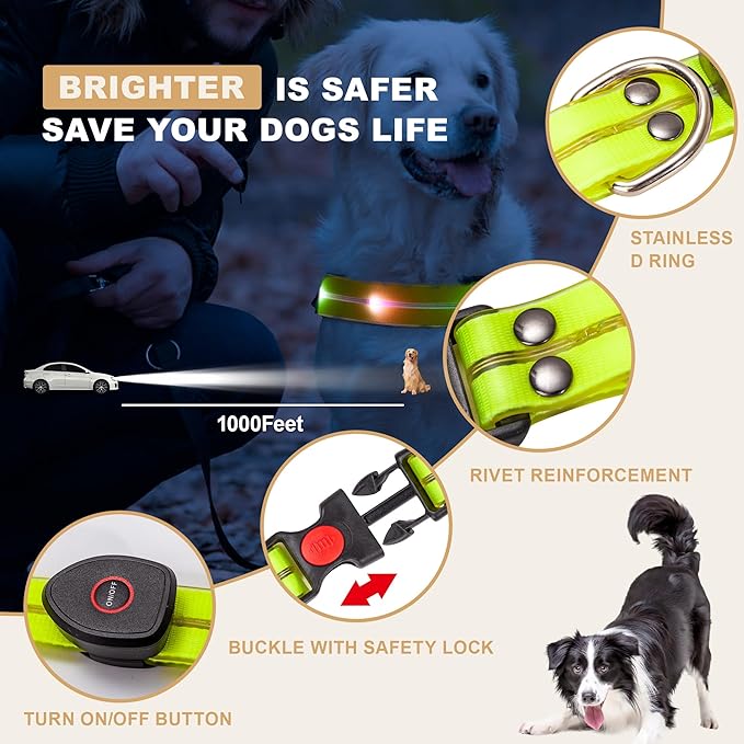 LED Pet Collars USB Rechargeable, Light Up Dog Collars Waterproof and Rechargeable, Flashing Glow in Dark Dog Collars, Adjustable Lighted Small Medium Large Dogs Collars for Night Walking.