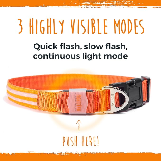 Mighty Paw LED Dog Collar - USB LED Rechargeable - USB Rechargeable Light - High Visibility Glow Strips - Glow Pet Feature - Weather Resistant - Bright Light Modes for Nighttime Safety - (L - Orange)