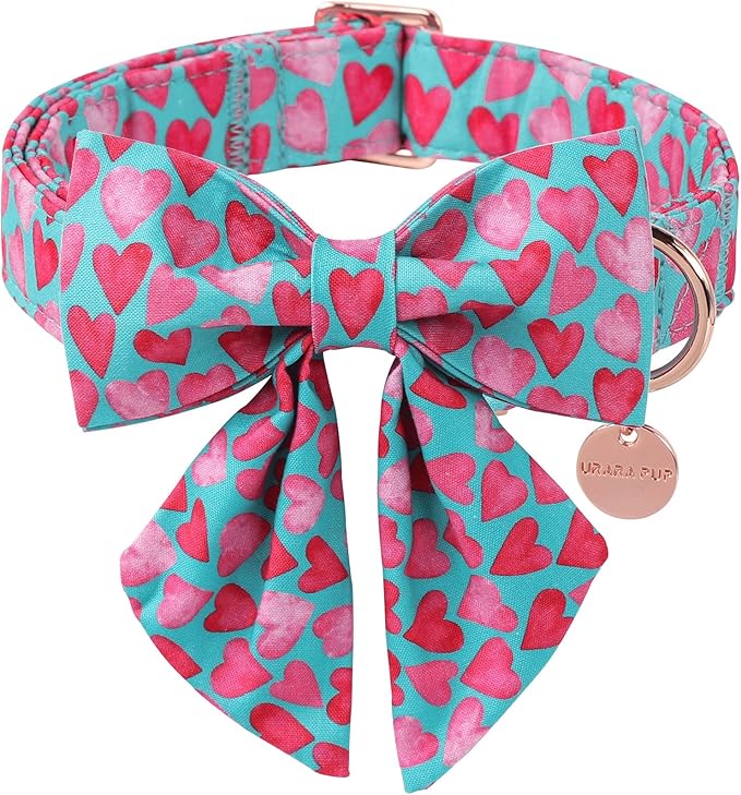 Valentine’s Day Dog Collar with Bow Tie, Pink Heart Bowtie Collar with Metal Buckle, Valentine’s Day Gift Pet Collar for Puppy Girl Boy Dog or Cat, Wedding Dog Collar, M, Neck 13.5-22in