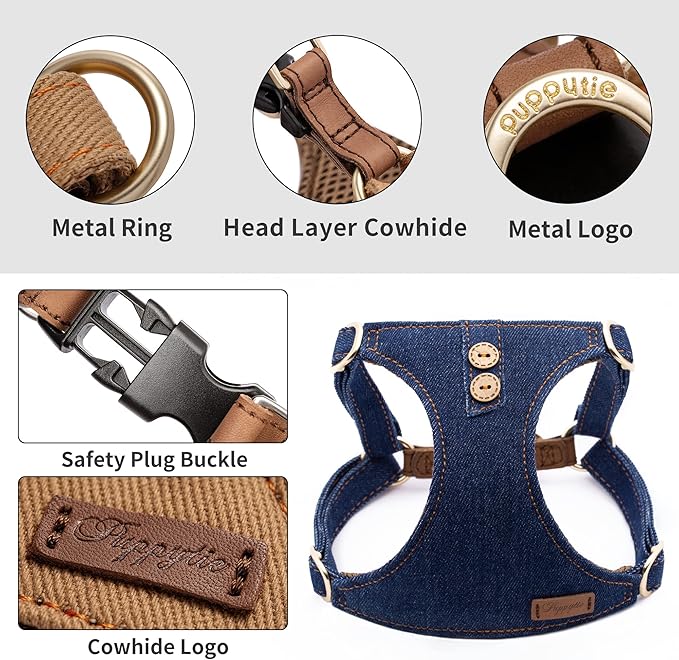 No Pull Dog Harness with Multifunction Dog Leash,Soft Adjustable No Choke Escape Proof Pet Harness Vest for Medium Dogs or Large Dogs,Denim Blue,L