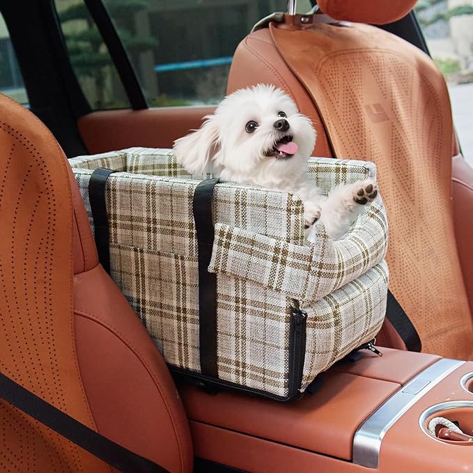 Dog Car Seat for Small Dogs - Portable Center Console Booster Seat with Anti-Collapse Design & Safety Tethers, Pet Travel Carseat Up to 15 lbs- Beige