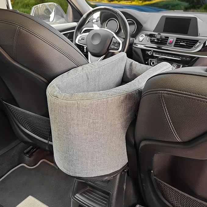 Center Console Dog Car Seat with Safety Strap Soft Cotton Cushion Detachable Armrest Pet Seat for Small Dogs Cats Under 14lbs Portable Travel Bag for Cars SUVs (Light Grey)