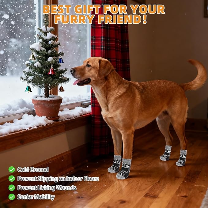KOOLTAIL Dog Socks to Prevent Licking Paws, Dog Christmas Outfit Shoes for Winter Snow Pavement, Warm Fleece Pet Boots & Paw Protector for Hardwood Floors Anti Slip, Small Medium Large Senior Dogs, L