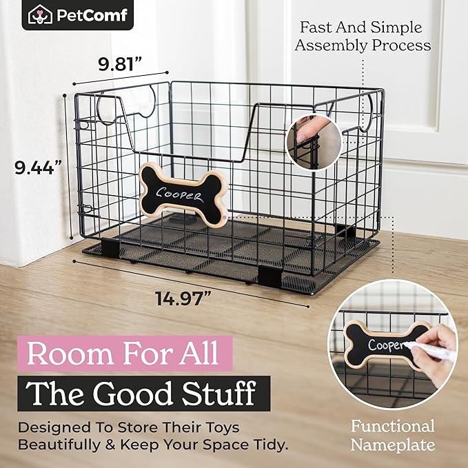 Dog Toy Basket for Dogs and Cats (15” x 10” x 9”) - Heavy-Duty Carbon Steel Storage Bin Holds Pet Chew Toys, Bones, Ropes, Blankets, Towels, Treats - Dog Toy Box for Living Room Area Organization