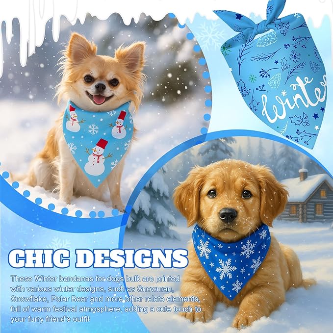 Preboun 100 Pcs Winter Dog Bandanas Bulk Blue Snowflakes Snowmen Bandanas for Dogs Triangle Kerchief Bibs Scarf for Pet Costume Photo Props Accessories Grooming Services Pet Shops Groomers, 25 Styles