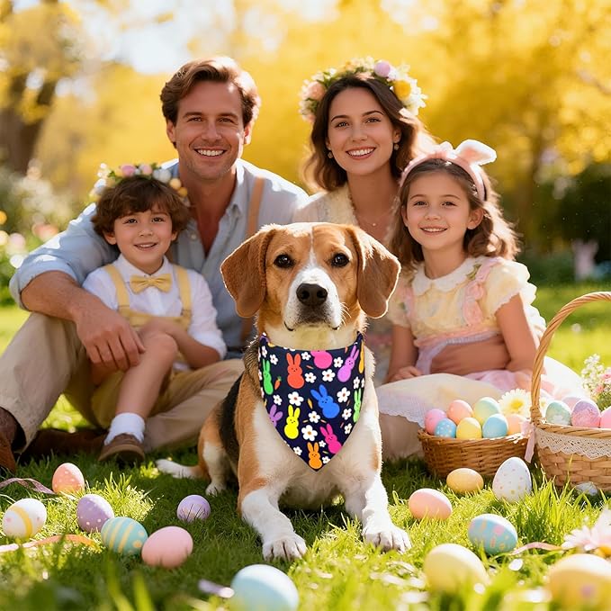 Easter Dog Bandana for Small Medium Dogs 9-14" Neck - Reversible Navy Bunny & Pastel Stripes Scarf, Cute Pet Accessory for Spring Gift