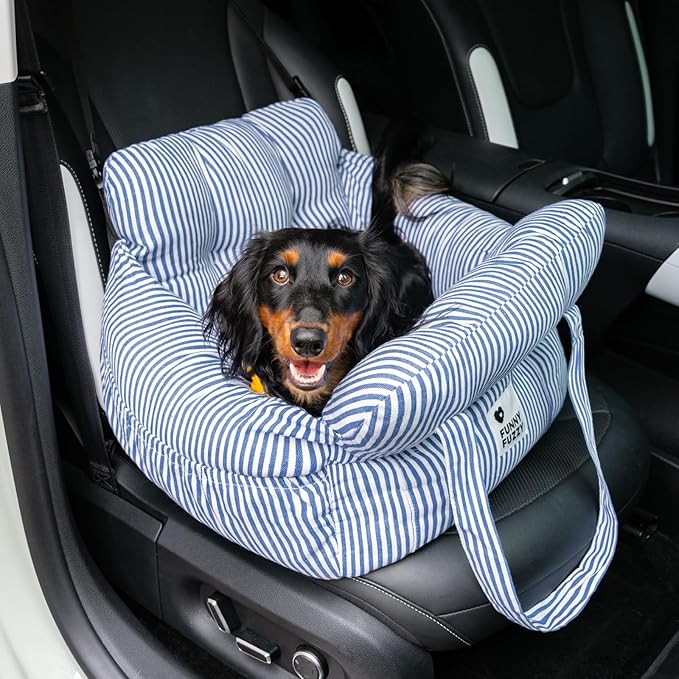 Funny Fuzzy Dog Car Booster Seat for Small Medium Dogs Up to 25lbs, Waterproof Fabric with Non-Slip Base & Safety Leash, Fully Detachable & Machine Washable (Light Blue)