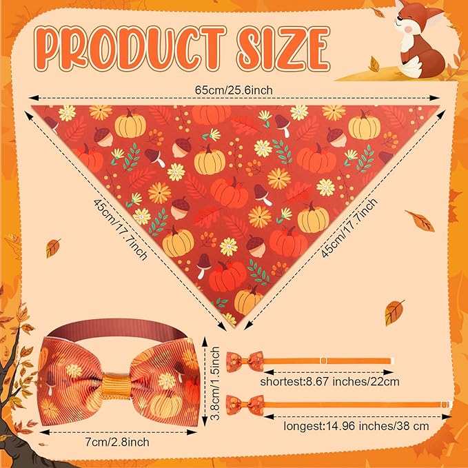 Sanwuta 100 Pcs Thanksgiving Fall Dog Bandanas Bulk and Collar Bow Ties Set 50 Autumn Bandanas 50 Fall Dog Collar Pet Maple Leaves Pumpkin Triangle Pet Scarf Bowtie for Small Medium Large Costume