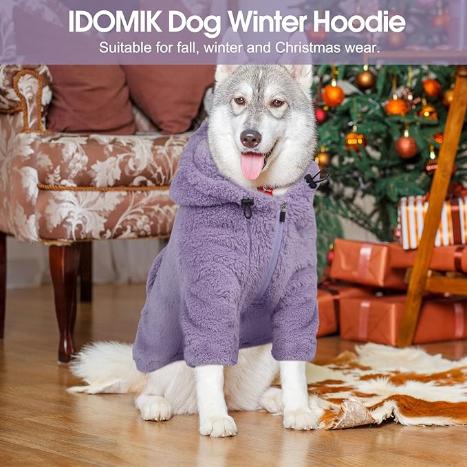 IDOMIK Fuzzy Dog Sweater with Adjustable Hood, Warm Fleece Dog Sweater Hoodie with Harness Hole & Pocket, Pullover Sweaters for Large Dogs, Fuzzy Hooded Sweatshirt for Fall Winter Christmas,Purple,2XL