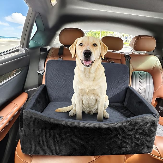 Dog Car Seats for Medium/Large Size Dog, Washable Booster Seat with Detachable Cover, Pet Car Seat with Thickened Memory Foam, Safety Belts, up to 55 lbs, Large(Black)