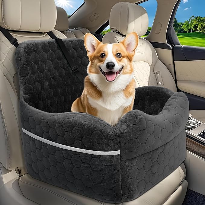 Dog Car Seat for Small/Medium Dogs - Puppy Car Seat Under 35 lbs with Thick Elevated Cushion & Safety Belt for Travel - Detachable & Washable Dog Booster Seat with 2 Sides Storage Pockets(Black)