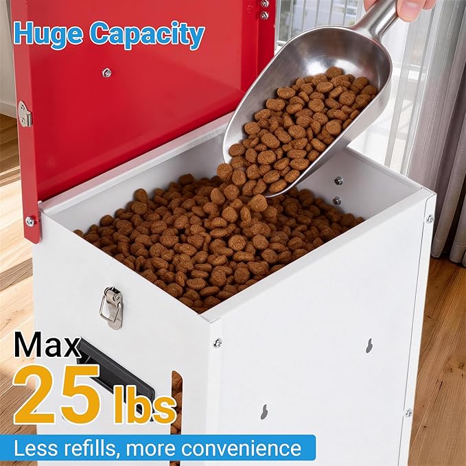 Heavy-Duty Metal Dog Feeder - 25LBS Food Capacity Automatic Gravity Dispenser, Powder Coated & Waterproof for Indoor & Outdoor Use, 12.3" L x 10.5" W x 21.3" H, Red and White