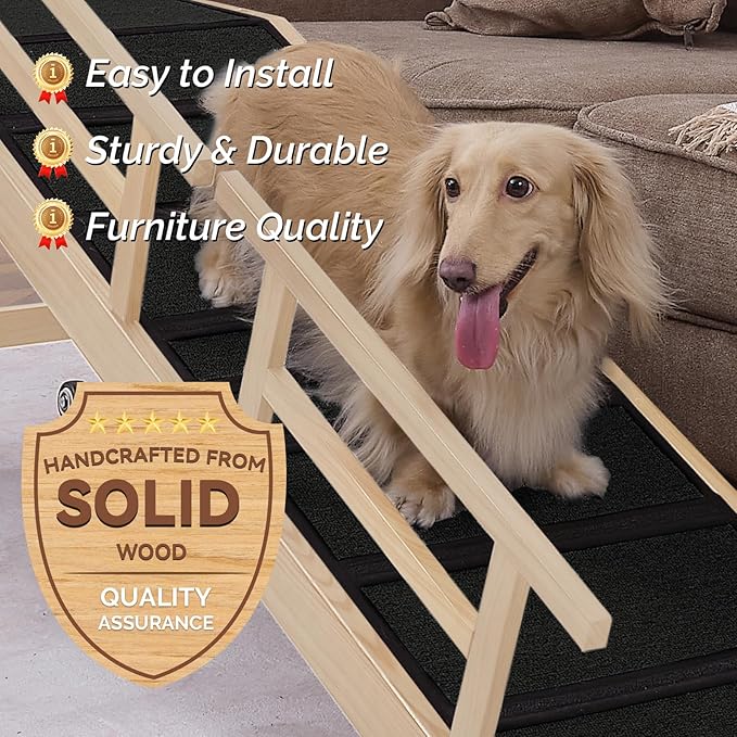 Dog Ramp for Bed or Couch, Wooden Pet Ramp with 20° Gentle Slope, Removable Side Rails, Non-Slip Surface, Top Platform & Wheels, Safe Bed Ramp for Small, Medium & Senior Dogs, 60" Long, Natural