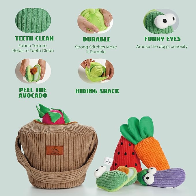 Nocciola Squeaky Fruits Veggies Stuffed Dog Toys Pack- Hide Seek Grocery Basket Crinkle Plush Puppy Toys to Keep Busy, Birthday Pet Supplies Gifts for Small Medium Breeds