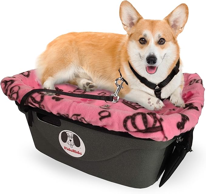 FidoRido Dog Car Seat - Pet Booster Seat for Small to Medium Dogs with Comfortable Cushions, Sherpa Cover, and Safety Straps, Easy to Install, Ideal for Travel, Pink Diva - Medium Harness