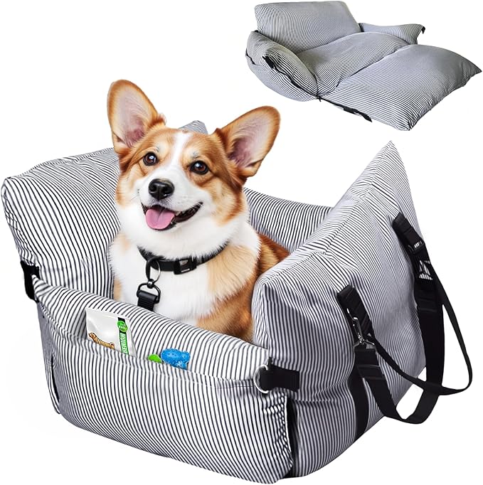 Dog Car Seat for Medium/Small Dogs,Pet Car Seat Travel Bed Detachable Washable Dog Booster Seats Under 30 lbs,Portable Cars Travel Carrier Bed with Storage Pockets and Dogs Safety Belt