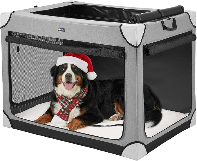 Veehoo Large Dog Crate for Indoor Outdoor, Portable Collapsible Travel Dogs Crate, 42 Inch Soft Foldable Pet Kennel with 4-Door Mesh Windows