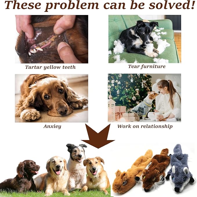 Plush Squeaky Chew Toys - No Stuffing Interactive Dog Toys, Non-stuffed Soft Chewing Dog Toys, Tough Puppy Teething toys for Small Medium Large Breeds, Birthday Gift for Dogs and Puppies