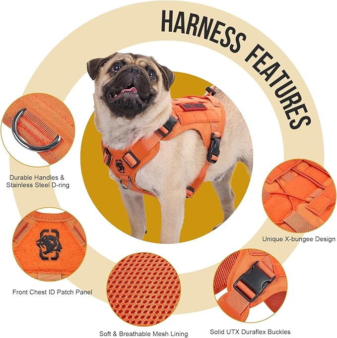 OneTigris Tactical Dog Harness Vest,No-Pull Service Dog Vest with Hook & Loop Panels,Adjustable Dog Vest Harness for Walking Hiking Training(Orange,L)