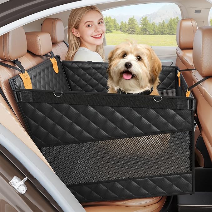 Dog Car Seat for Large Medium Dogs, Back Seat Extender for Pets with 4-Splice Hard Bottom, Waterproof Pet Seat Cover with 3 Mesh Windows for Cars, Trucks and SUVs