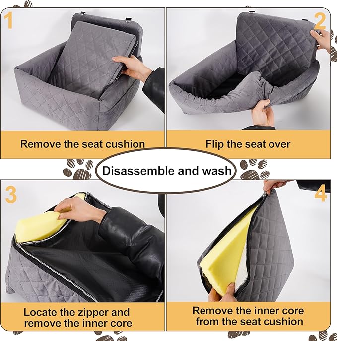 Dog Car Seat for Small Dogs Under 30 lbs, Memory Foam Booster Seat with Detachable Washable Cover, Travel-Safe Pet Car Bed with Safety Belts & Storage Pockets, Anti-Slip Bottom (Grey)