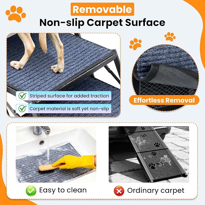Dog Stairs for Car, 60''x 20'' Extra Wide Stairs for Large Dogs to 250 LBS, Portable Steps with Removable Non-Slip Surface, 4 Steps Foldable Dog Ramp for Car, SUV, High Bed/Couch