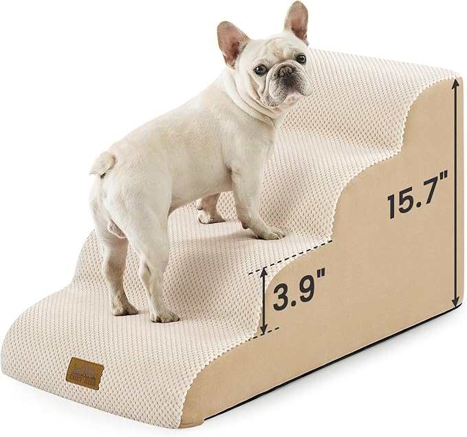 Dog Stairs for Small Dogs 15.7" H, 4-Step Sturdy Foam Dog Steps for Couch or Sofa, Curved Pet Stairs for Puppy and Older Cat, Doggie Ladder with Washable Cover, 15.7x28.3x15.7 inch, Beige