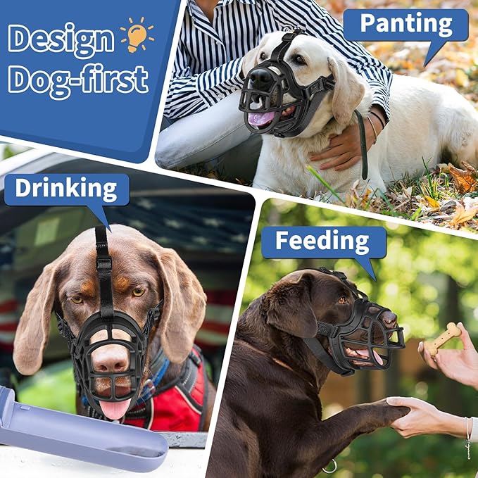 BARKLESS Dog Muzzle to Prevent Biting, Scavenging, Basket Muzzle for Large Medium Sized Dogs, Soft & Lightweight & Sturdy Mouth Cover with Removable Collar Loop for Training, Walking (Black, 4)