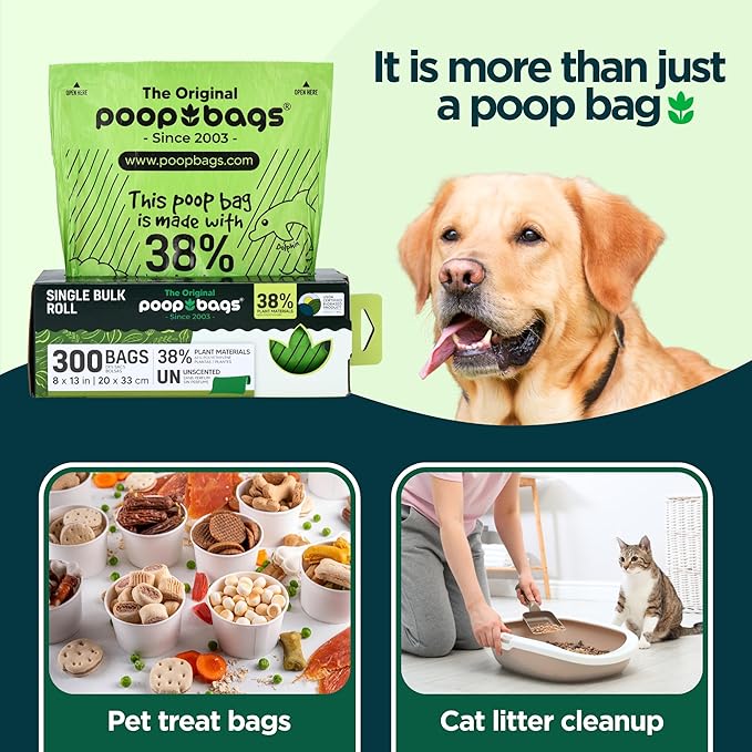 The Original Poop Bags® USDA Certified 38% Plant-Based Doggy Poop Bags Refills - Unscented, Leak-Proof & Strong, Single Bulk Roll, 300 Count