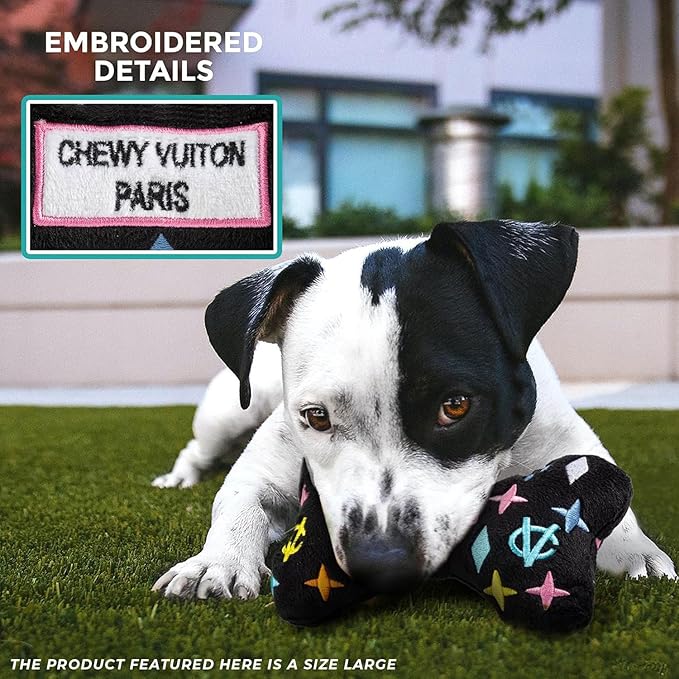 Haute Diggity Dog Black Monogram Chewy Vuiton Bone, Plush Designer Dog Toys with Interactive Squeaker, Stimulating Pet Enrichment, Machine-Washable & Safe Materials for All Breeds, Size Large