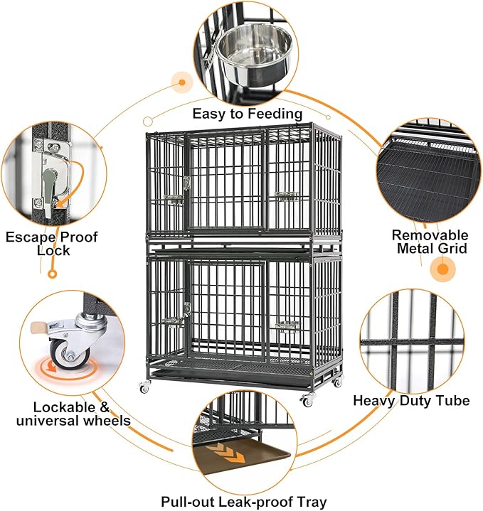 Homey Pet Two Tiers 37 Inch Dog Crate Cage Kennel with Feeding Bowls, Lockable Wheels and Removable Tray, Escape Proof Metal Wire Heavy Duty Dog Crates for Medium/Small Sized Dogs (6 Pack)