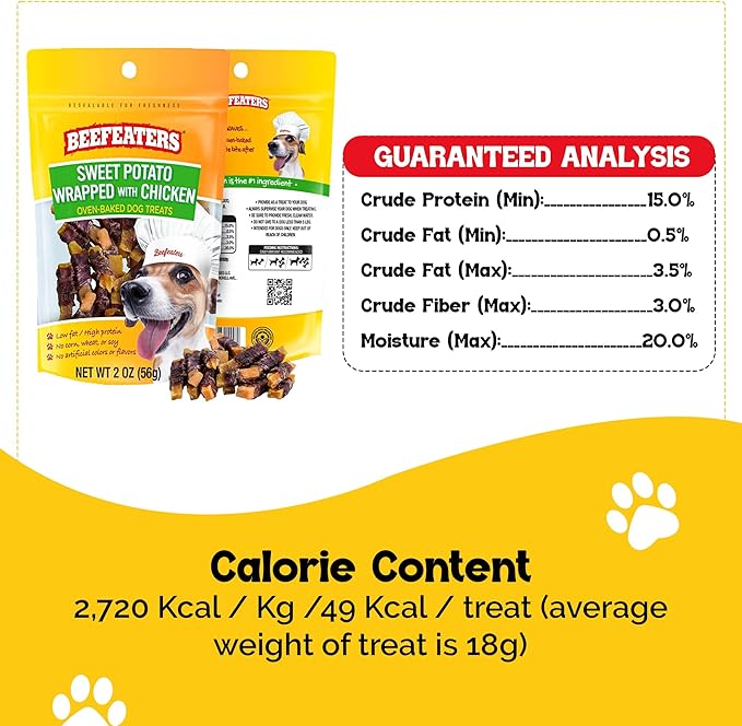 Beefeaters Sweet Potato Wrap with Chicken – Dog Treat. No Corn, Wheat, Soy or Gluten, Low Fat, Whole Muscle Jerky, Ideal for Training & Snacks