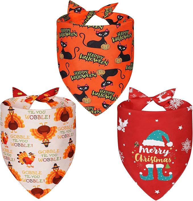 Halloween Dog Bandanas Thanksgiving and Christmas Scarf Large 3PCS, 6 Pattern Breed for Boy and Girl, Triangle Reversible Bibs for Puppy Pets