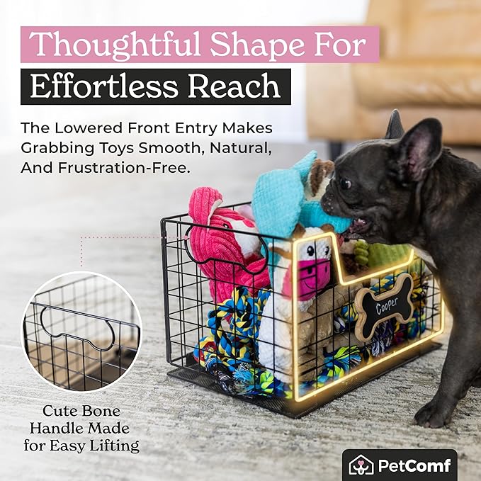 Dog Toy Basket for Dogs and Cats (15” x 10” x 9”) - Heavy-Duty Carbon Steel Storage Bin Holds Pet Chew Toys, Bones, Ropes, Blankets, Towels, Treats - Dog Toy Box for Living Room Area Organization