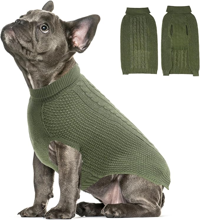 Small Dog Sweater, Classic Cable Knit Warm Dog Sweatshirt with Reflective Yarn for Girl Boy, Halloween Fall Winter Coat Turtleneck Pullover Clothes Apparel for Small Medium Large Dogs, Green S